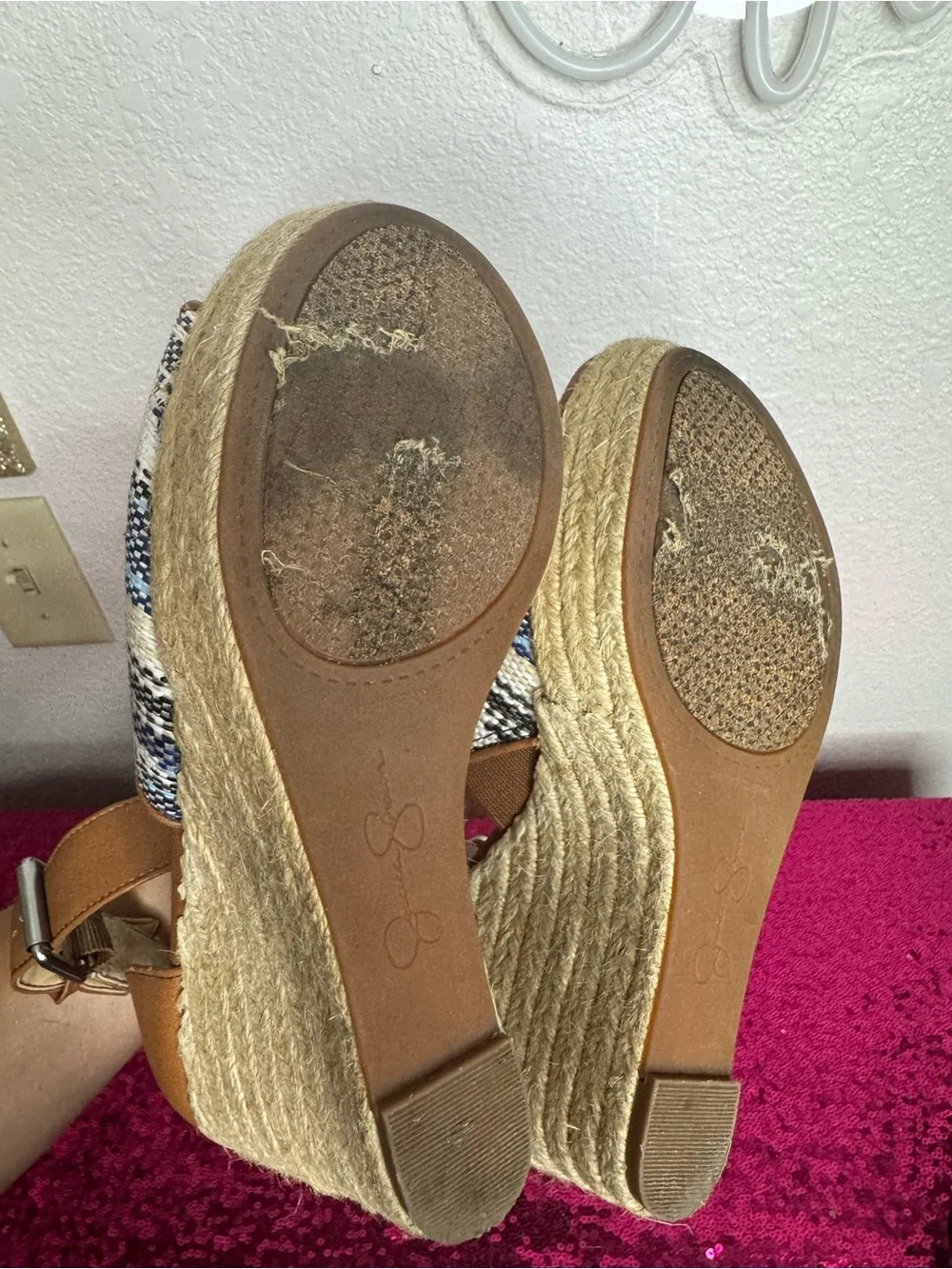 JESSICA SIMPSON 🩵 Tan & Blue Woven Espadrille Wedge Sandals (Women’s Size 7)